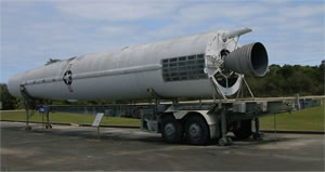 A Thor in USAF markings on its transporter/erector/launcher (TEL) trailer, US SMM, Cape Canaveral AFB Florida
